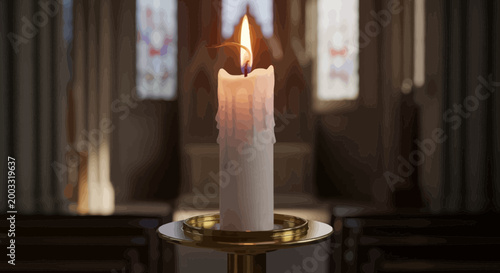 White candle burning on holder.