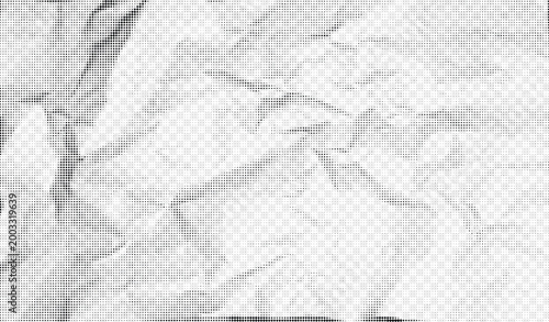 Halftone crumpled paper texture with black a dotted, rough, and wrinkled surface. Wite creased sheet background in comic pop-art style, featuring grainy folds and gritty distressed details.