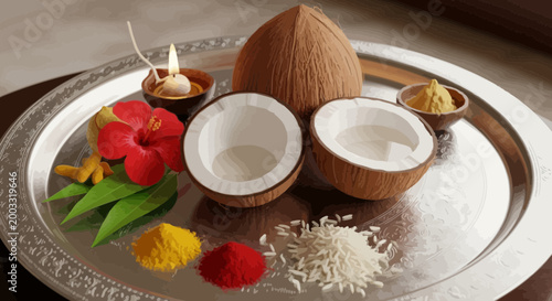 Traditional Indian Puja Thali Items Display.