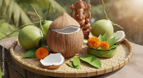 Coconut on a wooden plate with flowers.