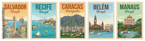 Majestic south america travel poster set. Including salvador, recife, caracas, belem, and manaus for iconic wall art prints. Retro vector illustration.