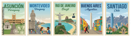 Majestic south america travel poster set. Including asuncion, montevideo, rio de janeiro, buenos aires, and santiago for iconic wall art prints. Retro vector illustration.