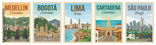 Majestic south america travel poster set. Including medellin, bogota, lima, cartagena, and sao paulo for iconic wall art prints. Retro vector illustration.