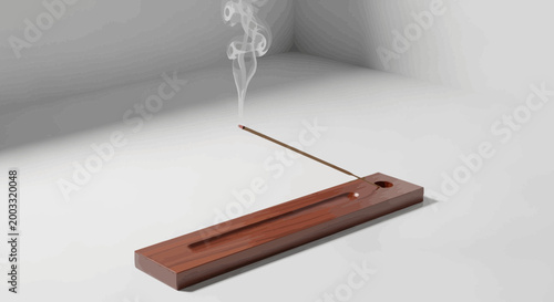 Incense stick on wooden holder burning.