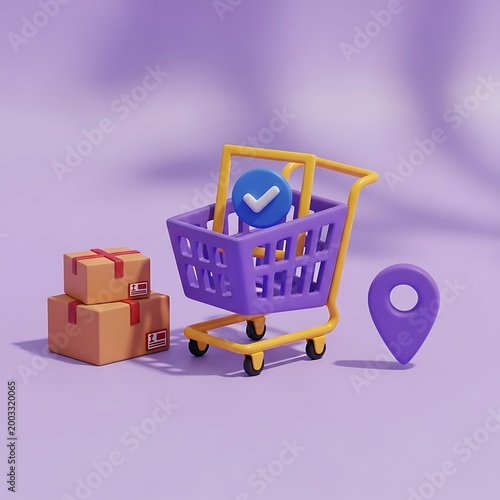 Shopping cart with packages and location pin on purple background  online shopping and delivery concept