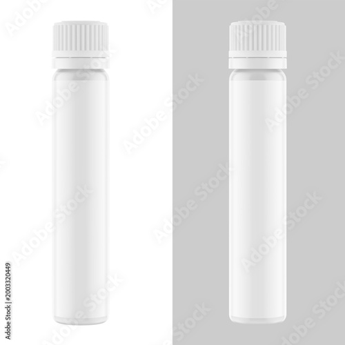 Plastic vial packaging for sport nutrition, supplements, vitamins and etc. Vector illustration isolated on white background. Mockup is ideal for health projects. Scalable without lose quality. EPS10.