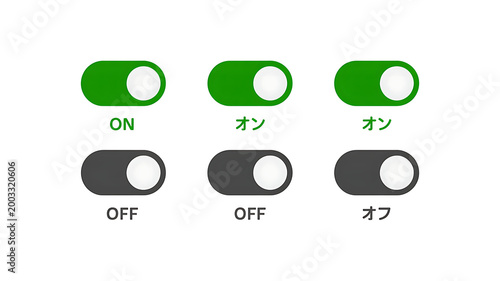 Set of six toggle switches in green ON and gray OFF positions with Japanese text Isolated on transparent background.