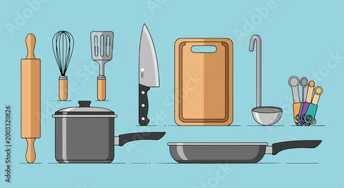 A colorful kitchen utensil and tool cartoon collection