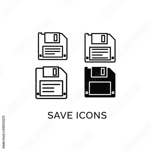 Four floppy disk save icons in black and white