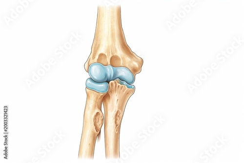 Detailed human elbow joint showing bones and cartilage anatomy with realistic textures and structure isolated on white background