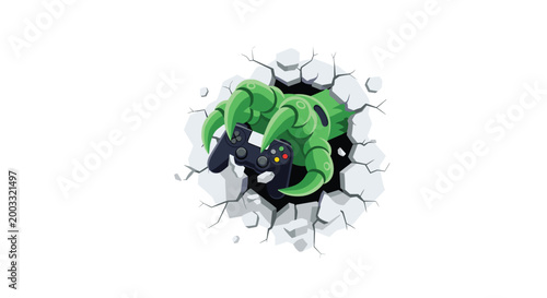 A textured green monster claw grip holds a modern black game controller while protruding through a shattered and cracked concrete wall surface.