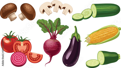 Fresh Vegetables Set with Mushrooms, Tomatoes, Cucumber, Beetroot, Eggplant, and Corn Vector Illustration