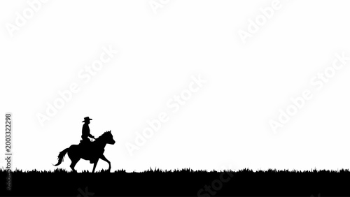 A solitary cowboy silhouette rides their horse across a grassy field under a stark white sky, evoking a sense of freedom and the open frontier.