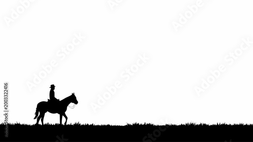 A lone cowboy silhouette rides their horse along the horizon of a dark, silhouetted grassy field, set against a vast, empty white sky, emphasizing solitude and travel.