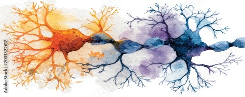 Multiple sclerosis awareness. Abstract Neuron Connection Watercolor Brain Cells Art, symbolizing neural networks, brain activity, communication, and cognitive processes in a scientific artistic style.