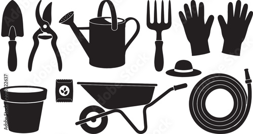 Collection of black silhouette gardening tools and accessories isolated on a white background for illustration