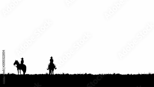 Two cowboy silhouettes on horseback are positioned apart on the dark grassy horizon against a white background, creating a sense of distance and shared experience in the vast landscape.