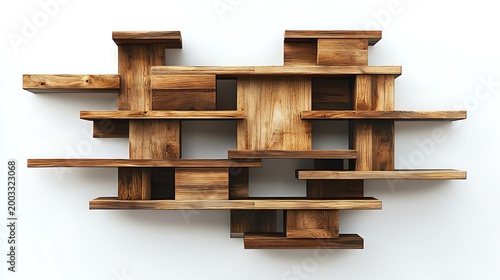 Wooden Shelving: An intricate arrangement of wooden planks, forming an artistic shelving unit, demonstrating both functionality and aesthetic appeal.