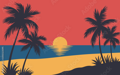 An evening on the beach with palm trees. Colorful panorama picture for rest. Wonderful sunset. Vector illustration design