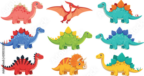 Cute Cartoon Dinosaur Set with Stegosaurus, Pterodactyl, Triceratops, and Brachiosaurus Characters Colorful Prehistoric Animal Vector Illustration