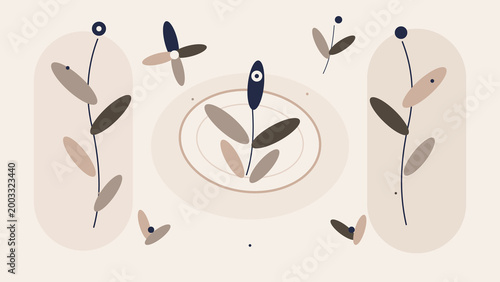 Abstract botanical floral composition with neutral leaves minimalist geometric oval layout modern nature background for branding invitations decor