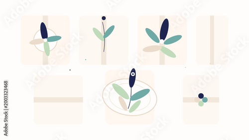 Abstract botanical floral collage with blue green leaves minimalist geometric layout nature background for branding packaging decor use