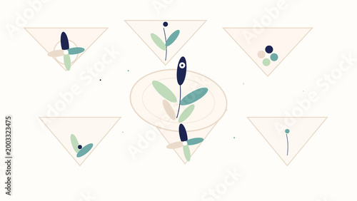Abstract botanical floral geometric layout with blue green leaves minimalist decorative nature background for branding packaging decor