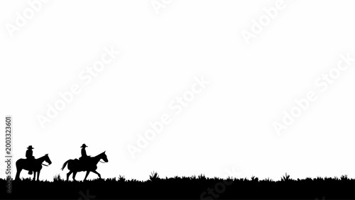 Two cowboy silhouettes on horseback are shown riding side-by-side along the dark grassy horizon against a bright white background, embodying partnership and shared adventure on the open range.