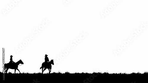 Two cowboy silhouettes on horseback ride away from the viewer along the dark grassy horizon against a vast white background, depicting a journey into the unknown wilderness.