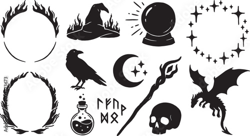 Collection of fantasy and occult symbols including a dragon witch hat raven and potion isolated on transparent background