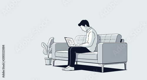 Young Man Working Remotely on Laptop While Relaxing on a Modern Couch Minimalist Line Art Illustration