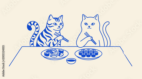Whimsical illustration of two cats dining at a table with plates of fish on a beige background