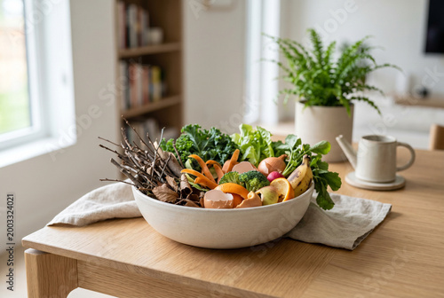 Stylish depiction of composting materials showcasing twigs and vegetable scraps in a modern bowl, emphasizing eco-friendly lifestyle choices and sustainable living