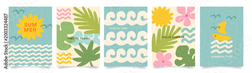 Set of abstract summer card in doodle naive style. Modern boho print with hand drawn tropical leaves, sea, wave, sun, ocean, flowers, boat. Vacation time, travel, beach concept. Trendy coastal prints.
