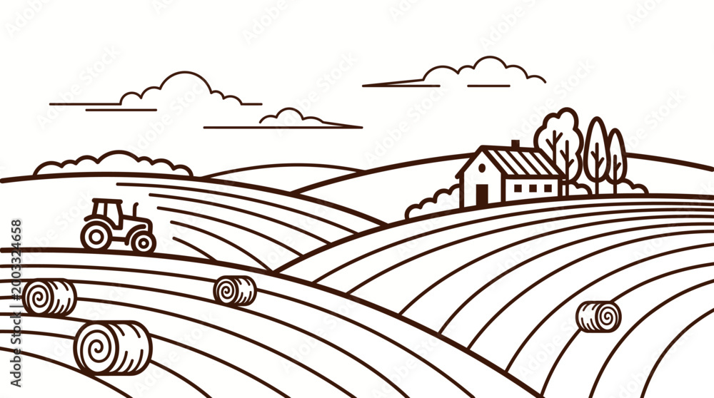 Fototapeta premium Brown line art illustration of rolling farm fields with a tractor, hay bales, and a distant farmhouse under a cloudy sky
