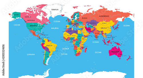 A colorful map of the world with labeled regions