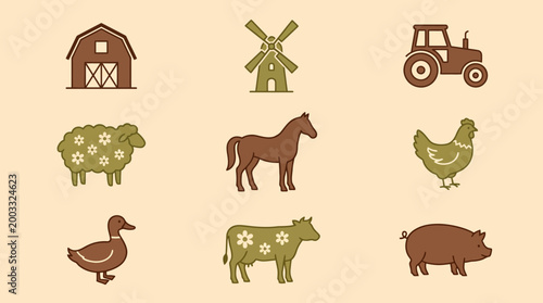 Flat farm icons set featuring barn, windmill, tractor, cows, horse and chicken on beige background