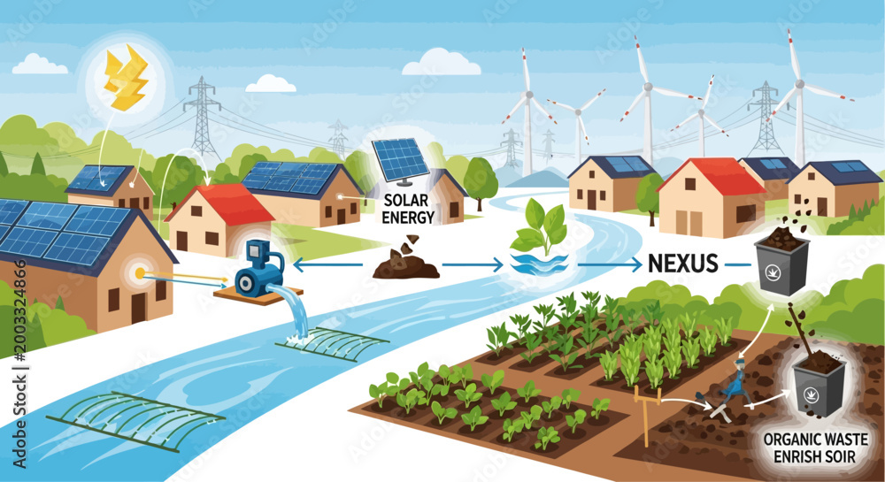 Fototapeta premium Sustainable Eco Village Concept with Renewable Energy and Agriculture