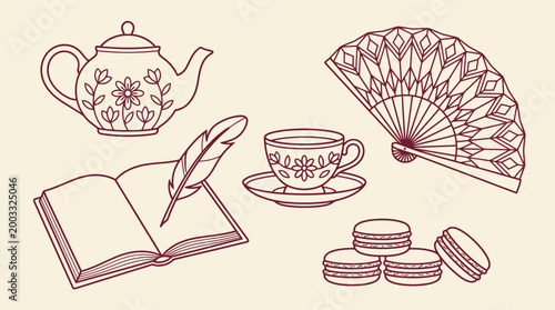 Vintage tea time study scene featuring a teapot, teacup, open book with feather quill, decorative hand fan, and macarons