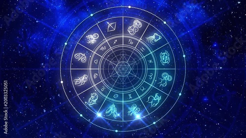 Glowing Blue Zodiac Wheel with Twelve Astrology Signs Rotating in Cosmic Space Background