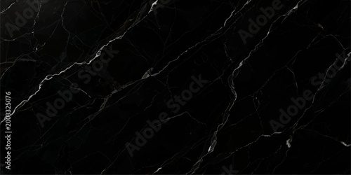 Black marble background with intricate metallic silver cracks and fine white veins, premium decorative stone texture for stylish and minimalist design concepts