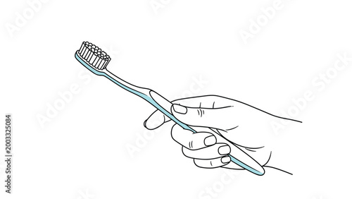 Human hand holding a simple light blue toothbrush with white bristles against a clean white background for oral hygiene.
