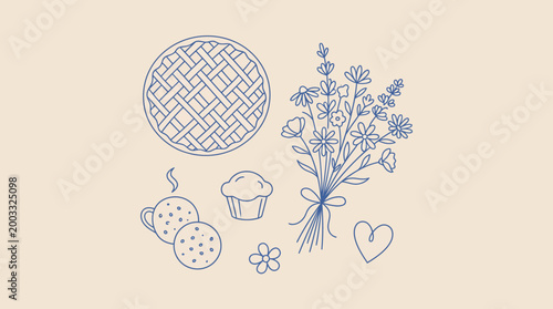 Blue line art illustration of cookies, a woven-pattern plate, a cup, and a bouquet of wildflowers