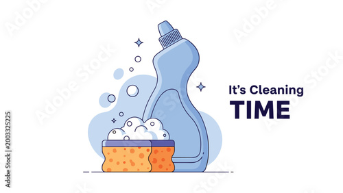 Cleaning products including a blue detergent bottle and an orange sponge with bubbles for domestic housekeeping services.