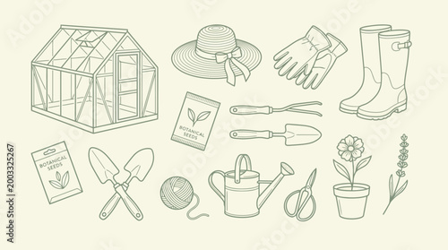 Garden essentials: a greenhouse setup with gloves, boots, watering can, trowel, pruning shears, shovel, plant pots, and seedling care tools for home gardening.