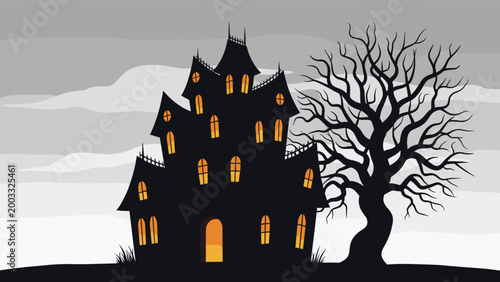 Spooky black silhouette of a haunted mansion with glowing yellow windows next to a leafless tree under a grey sky.