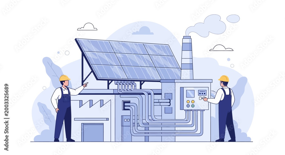Naklejka premium Technicians Maintaining Industrial Solar Power Plant System