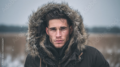 A man wearing a fur-lined parka hood stands outdoors in snowy, cold weather with a focused expression.
