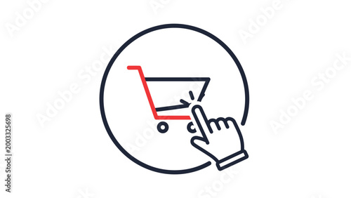 Digital shopping icon featuring a red and black grocery cart being selected by a hand cursor within a circular frame.