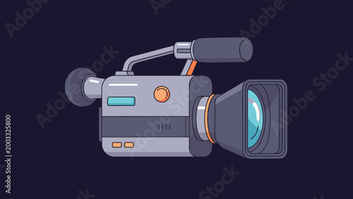Professional digital video camera illustration for professional filmmaking and media production on a dark purple background.